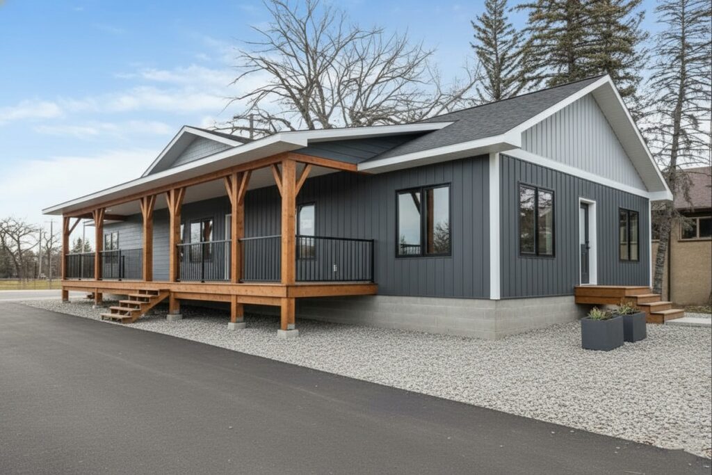 A modern, single-story house with gray siding and a wooden porch under a gabled roof. Surrounded by gravel and trees, reflecting a serene, rustic vibe.