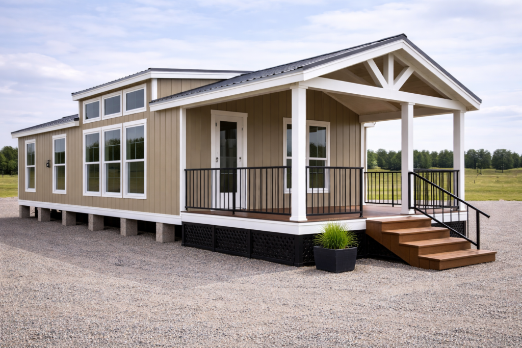 A beige modular home sits on gravel, featuring large windows, a small covered porch with black railing, and wooden steps. The scene is calm and rural.