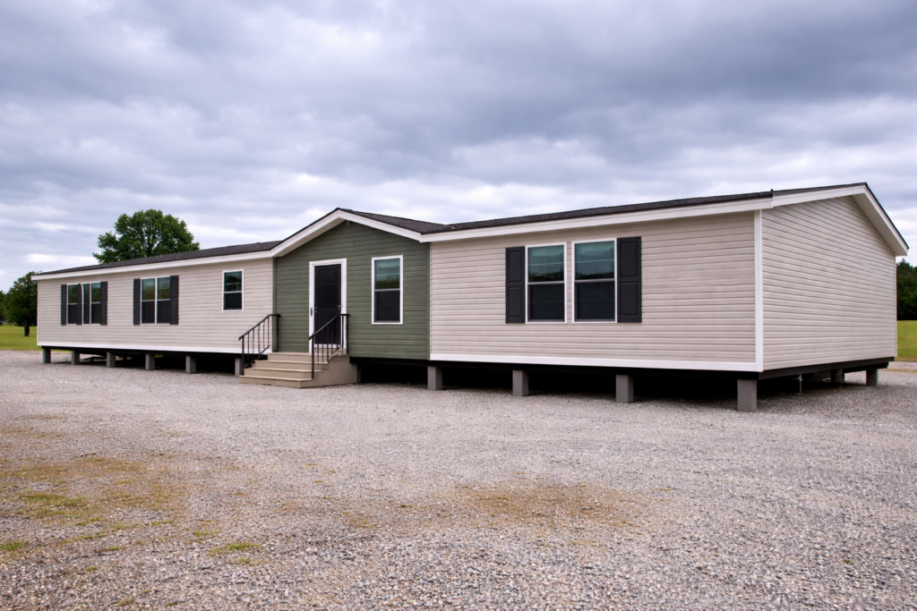 A modern, beige and green manufactured home with black window shutters sits on a gravel lot, under a cloudy sky, conveying a sense of stability and simplicity.