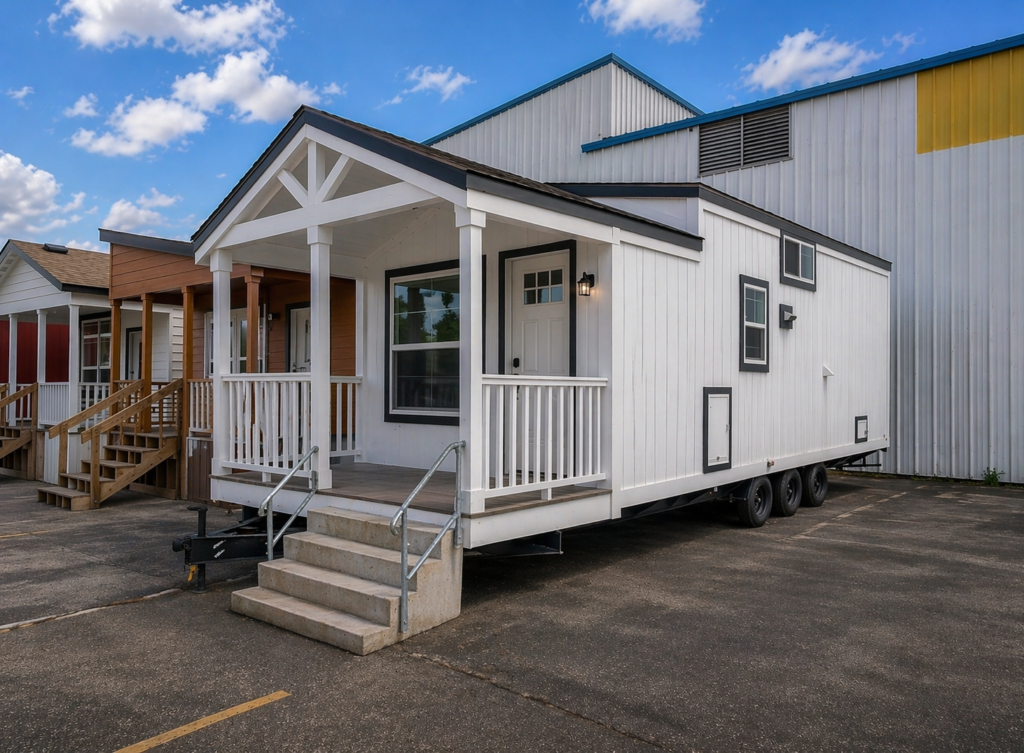 Tiny white house on wheels with a gabled porch, steps, and railings, parked on an asphalt lot. Blue sky and clouds in the background.