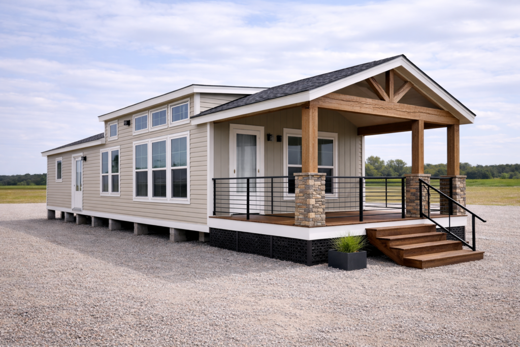 A modern tiny house with a gabled roof and spacious porch sits on a gravel lot. It features large windows, wooden beams, and a welcoming set of stairs.
