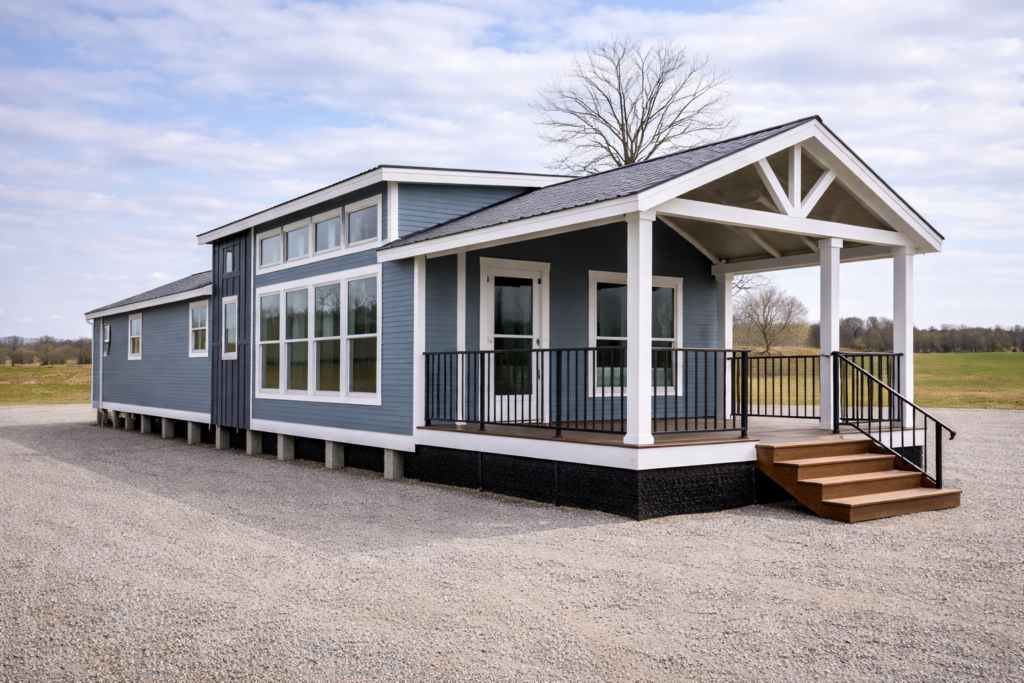 Modern tiny house with blue siding and large windows, set on gravel. The porch has black railings, and a tree stands in the background under a cloudy sky.