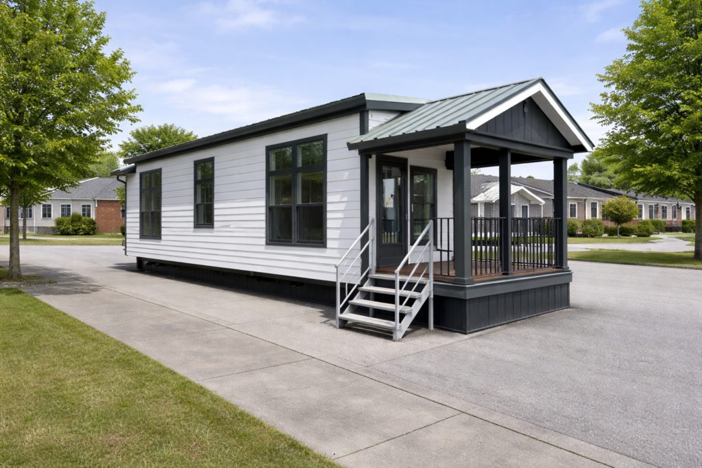 A modern, white portable home with large windows and a small porch. It’s set on a paved area with trees and other houses in the background. Calm, residential vibe.