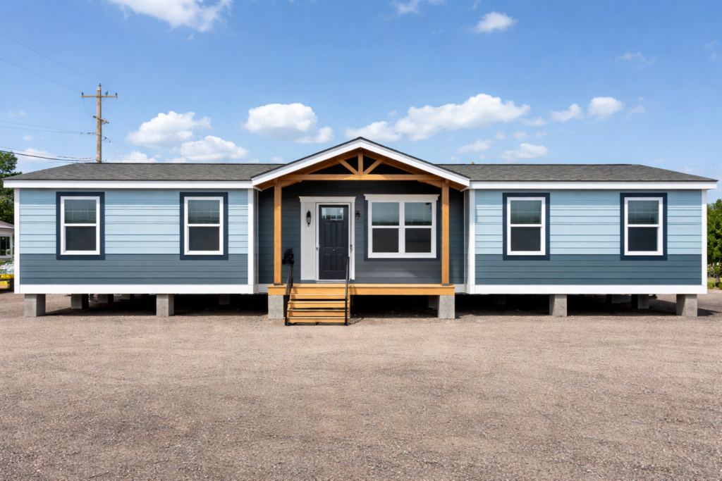 Single-story prefabricated home with blue siding, white trim, and a small porch. Set on gravel, it reflects a clear sky, creating a welcoming feel.